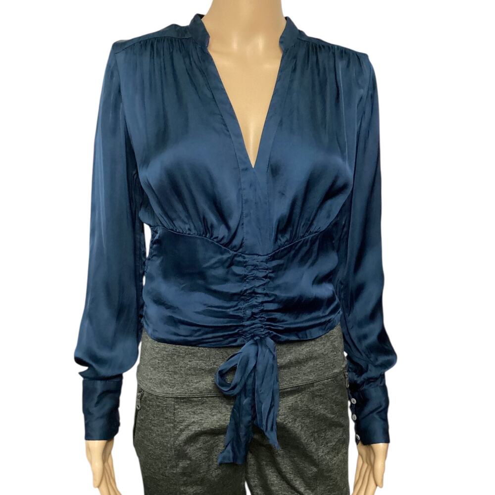 Anthropologie silky feel crop Rouched tie waist blouse size XS teal